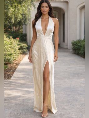 Plunging Satin Halter V-Neck with thigh high Slit Evening Gown in Champagne NWT